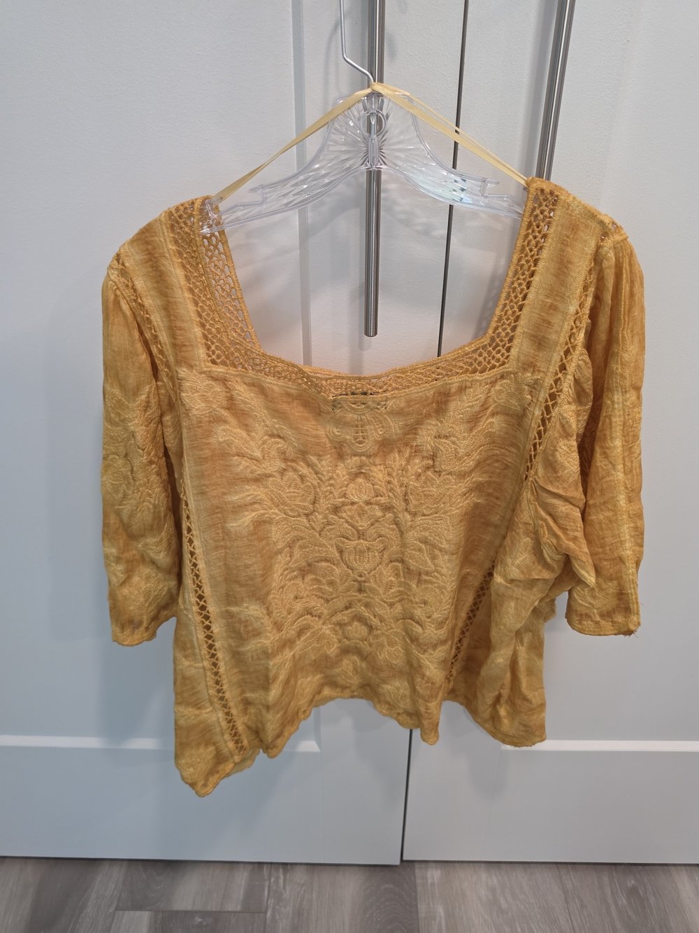 Democracy Mustard Square-Neck Embroidered Blouse Size Lg